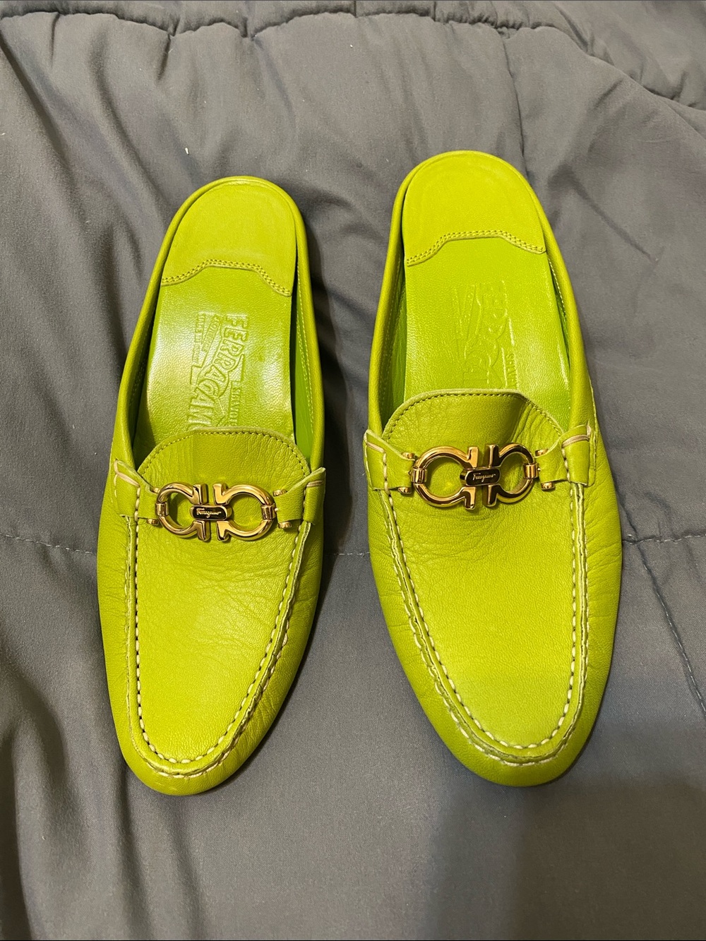 Salvatore Ferragamo Lime Green Leather Bit Mules size 6